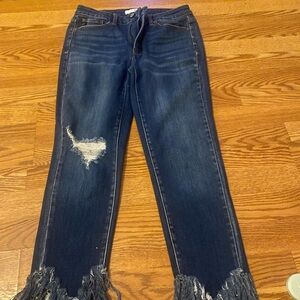KanCan Dark Blue Straight Leg Jeans with Distressed Fringe